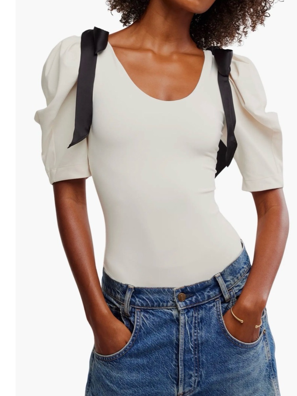 Free People What a Girl Wants Bow Puff Sleeve Bodysuit. NWT. Jet stream